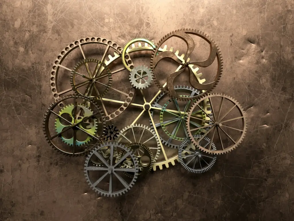 3D mechanical gear system on industrial background