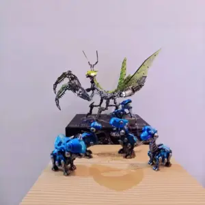 Mechanical mantis surrounded by small blue robotic pets