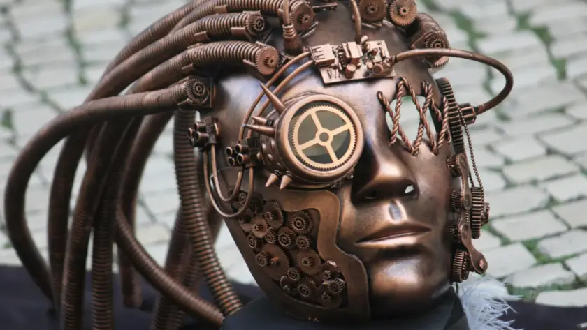 Steampunk-style mechanical mask representing fascination with mechanical insect models