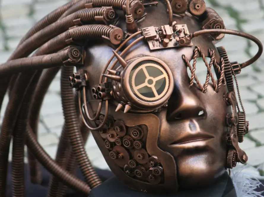 Steampunk-style mechanical mask representing fascination with mechanical insect models